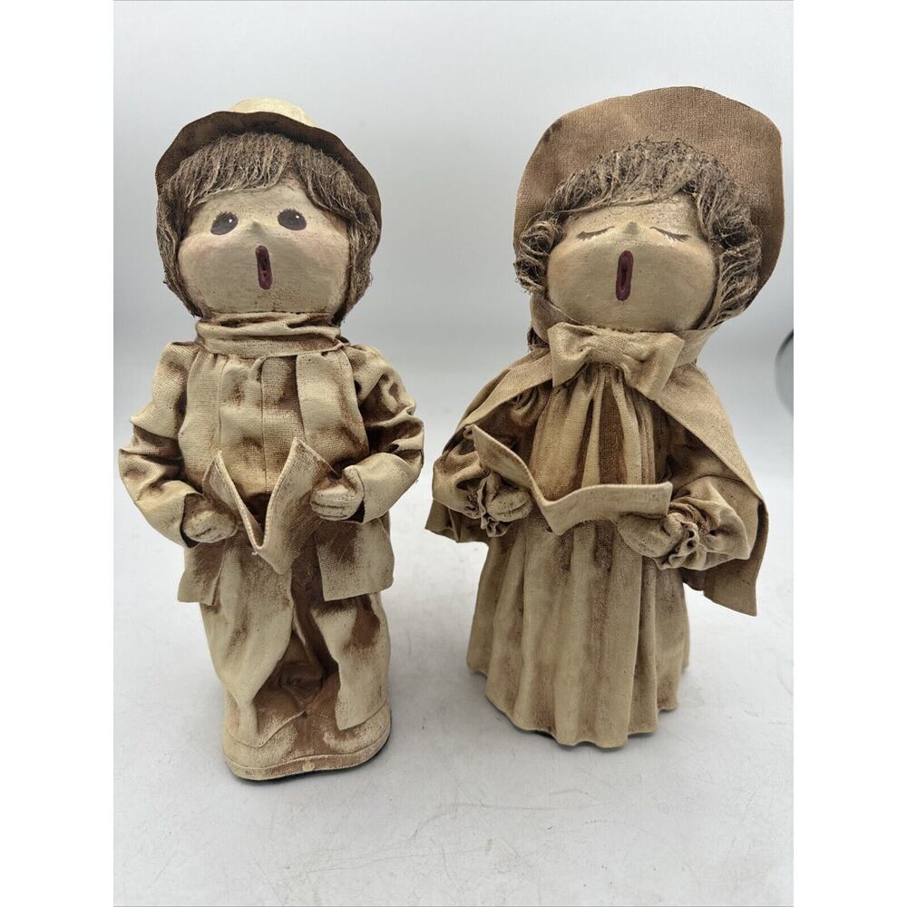Vintage Paper Mache Christmas Carolers Boy Girl Tan Decor Singers Set Of 2